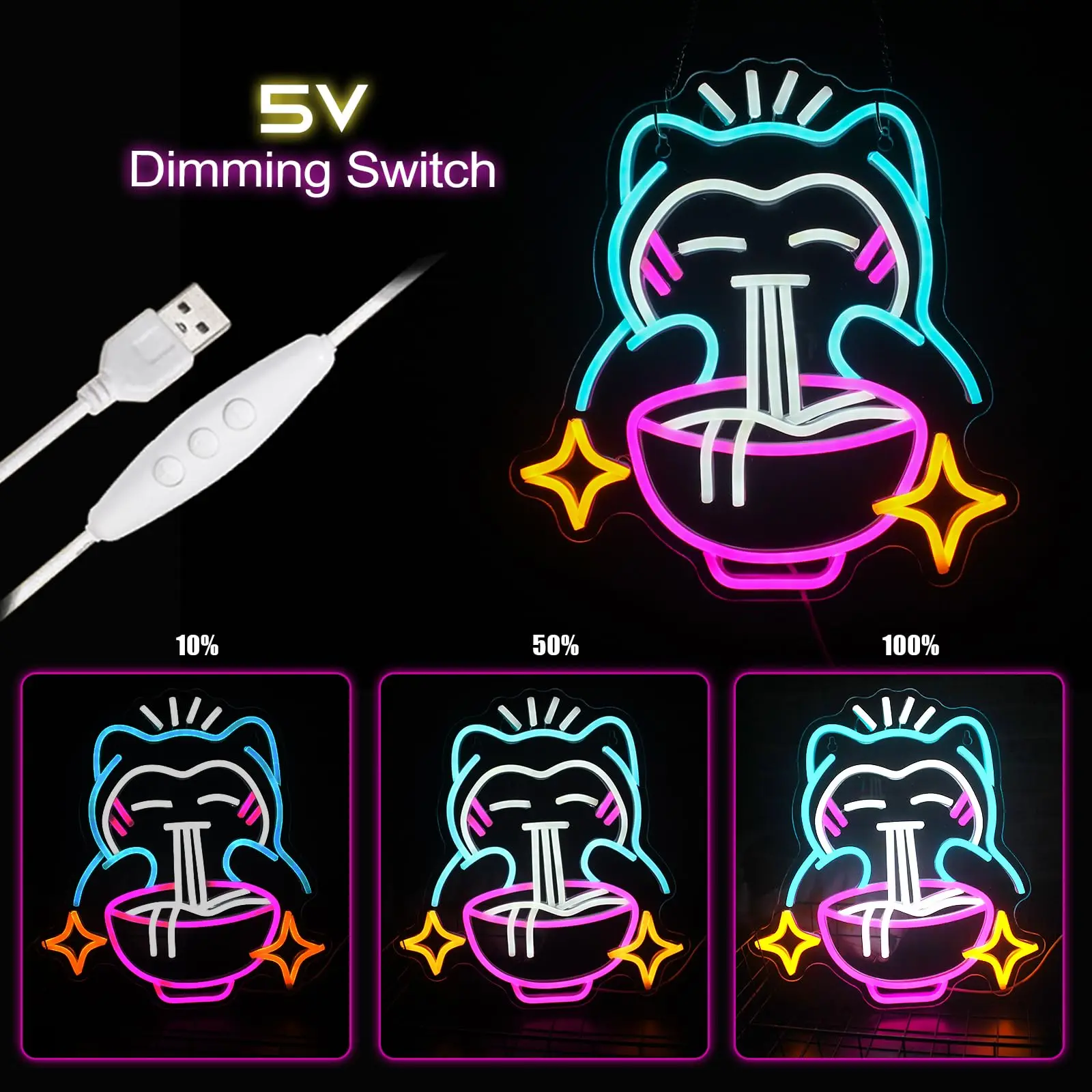 LED Ramen Neon Light - Cute Bear Noodle Neon Sign, Dimmable Japanese Wall Decor for Gaming Room, Restaurants, Bars, Kids Bedroom