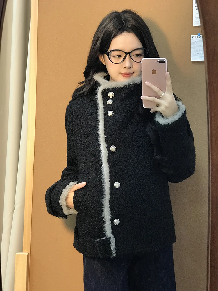 

Корейский свободный шерстяной тюнер, женский зимний новый модный воротник-стойка с меховой отделкой, дизайн из полиэфирного волокна для поездок на работу