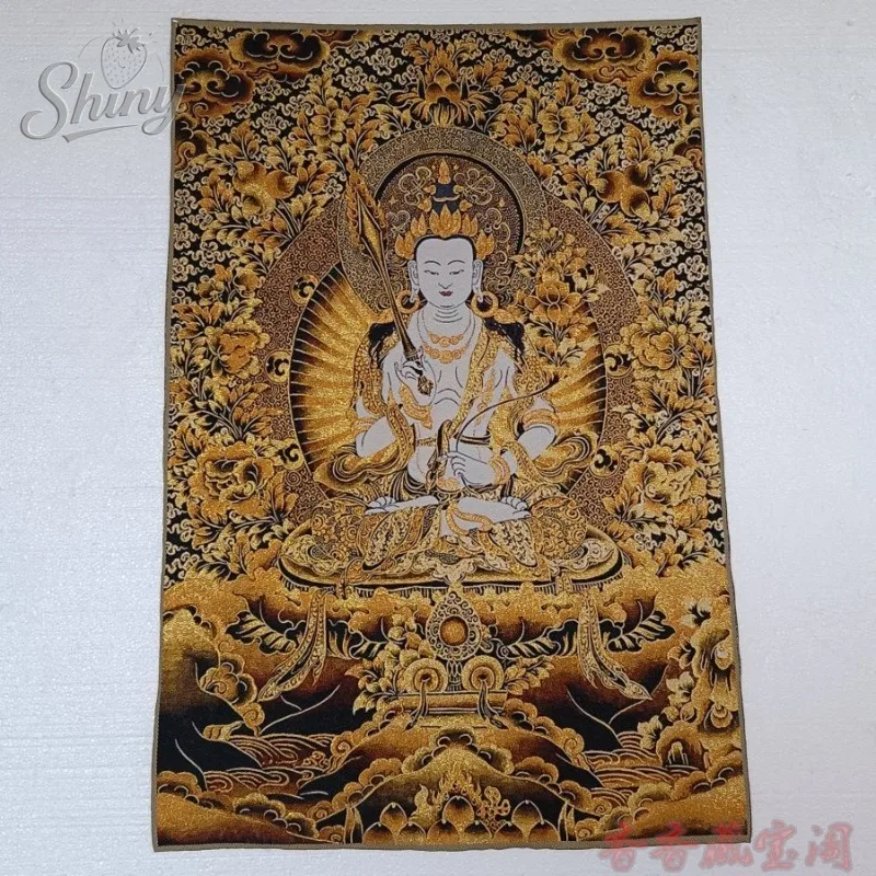 35.4″ Bodhisattva Akasagarbha Brocade Tibetan Tangka Embroidery Painting Gold Thread Embroidery Decorative Hanging Pictures