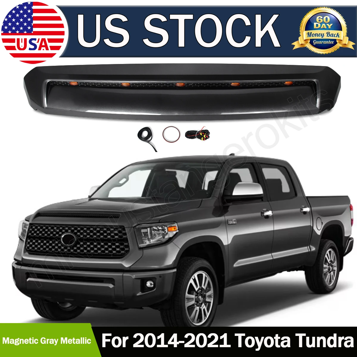 ABS Magnetic Gray Front Upper Hood Bulge Molding Trim with 5 Lights For Toyota Tundra 2014-2021 Front Hood Mesh Cover Grid Grill