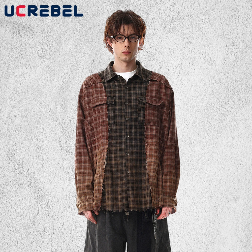 Patchwork Plaid Long Sleeve Shirts Mens Spring Pocket Retro High Street Lapel Single Breasted Raw Hem Shirts Man