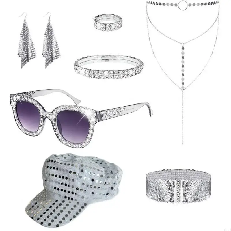 

70s Women Disco Accessories Disco Costume Disco Sequins Caps Bracelet Disco Earring Necklace Sunglasses Rings 7Pcs/Set F3MD