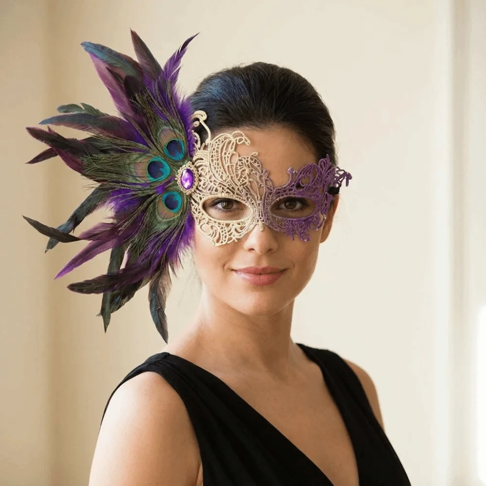 Rhinestone Half-Face Lace Mask Seductive Style Cosplay Feather Mask Fancy Prom Multicolor Masquerade Mask