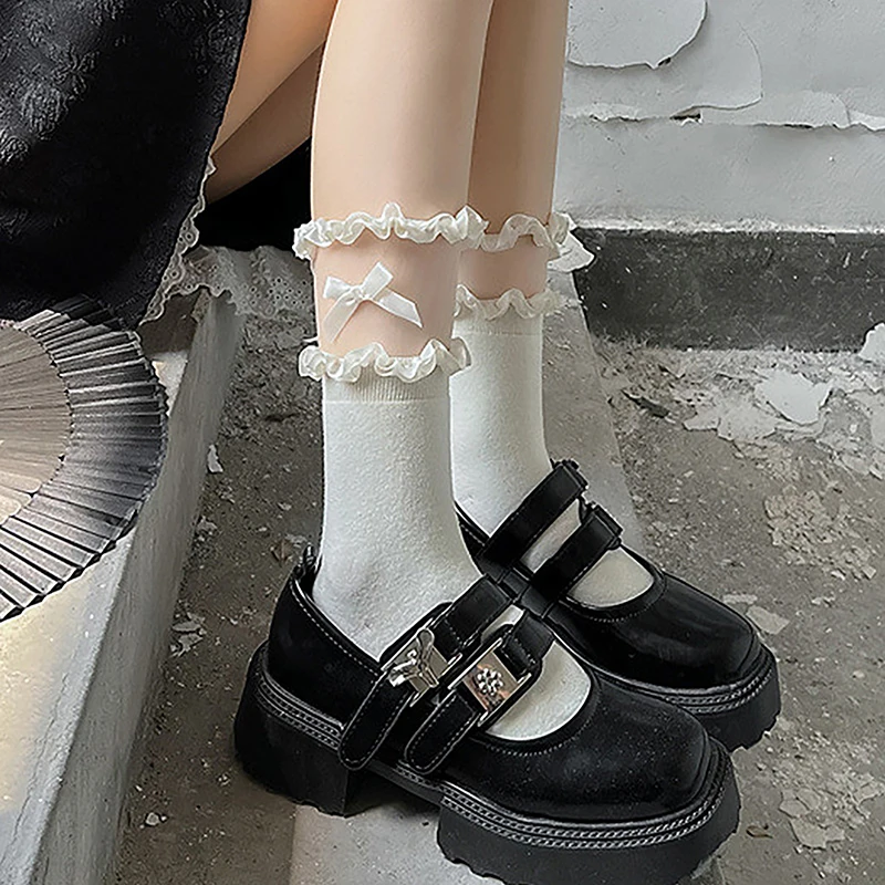 

1Pair Women Mid-Calf Socks Autumn Spring Bowknot JK Lolita Thin Cotton Socks Fashion Lace Stitching Kawaii Breathable Socks