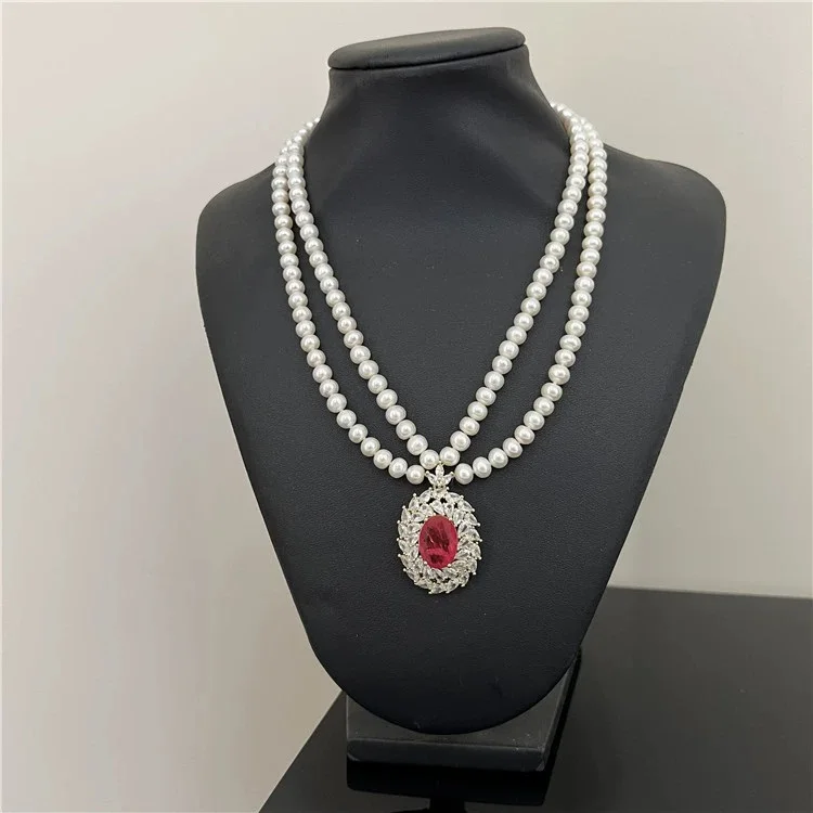 

18" 2 Strands Cultured White Pearl Necklace S925 Siver CZ Pave Red Pendant