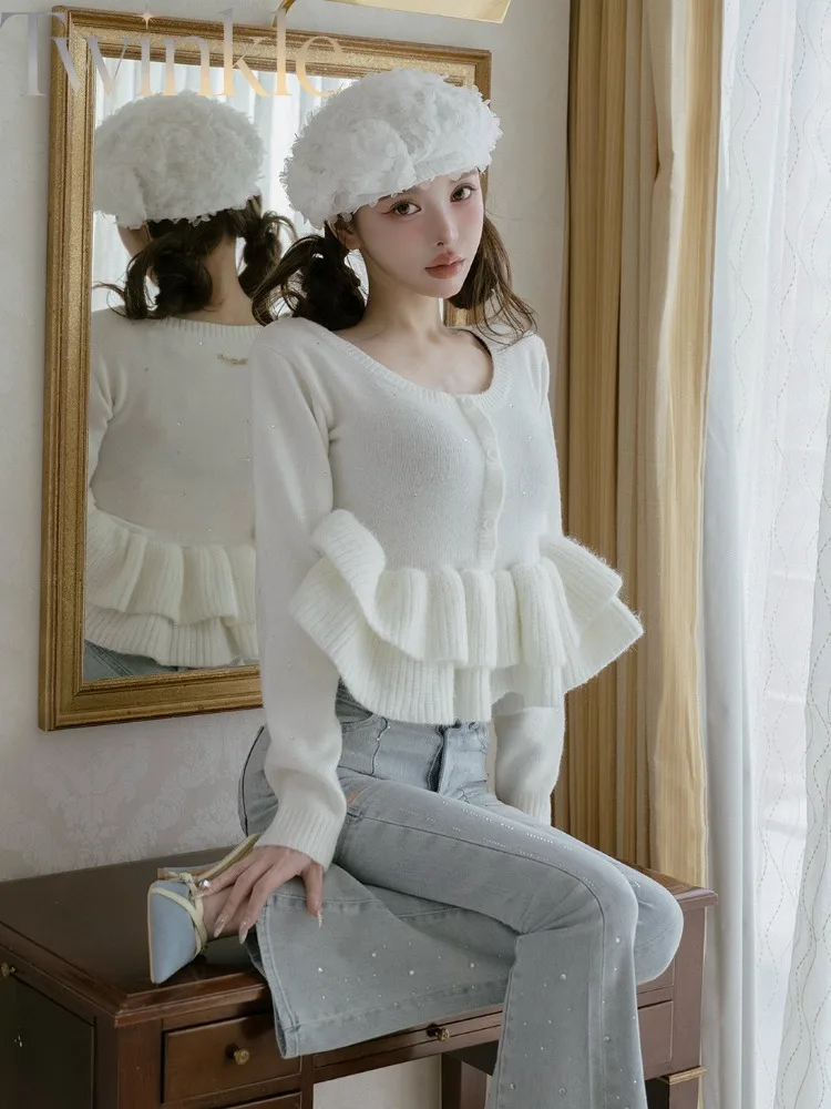 Women Knit Top Double Layer Ruffle Waist Slim Fit Rhinestone Diamond Round Neck Chain Knitted Sweater Shirt Soft Color
