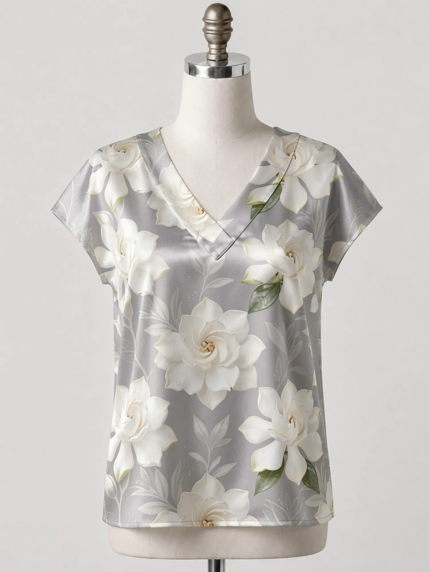 Floral Satin V Neck Top for Women Cap Sleeve Pullover Draped Fit Silky Office Vacation Dinner Wear Lightweight Breathable Lovely