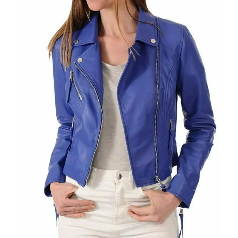 Party Wear Women's Studded Real Lambskin Biker Leather Jacket Blue Fashion Style