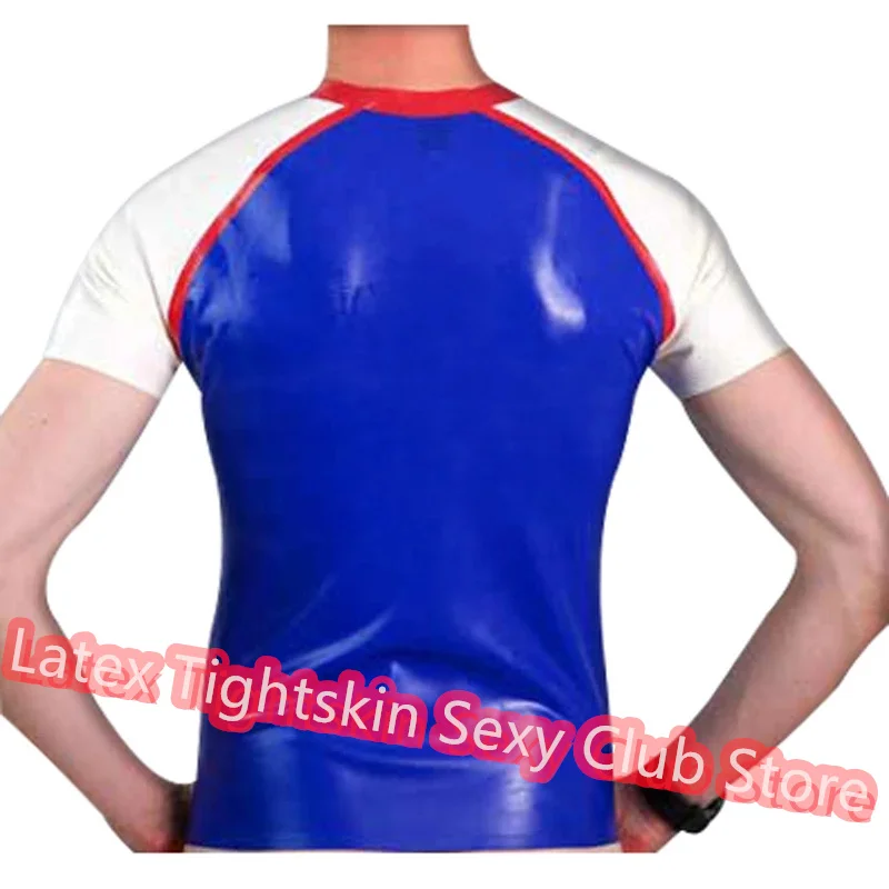 

Handmade Latex Men Sleeveless Shirt Man Sexy Tops Rubber Tank Vest Blue with White Trim Cosplay Costume