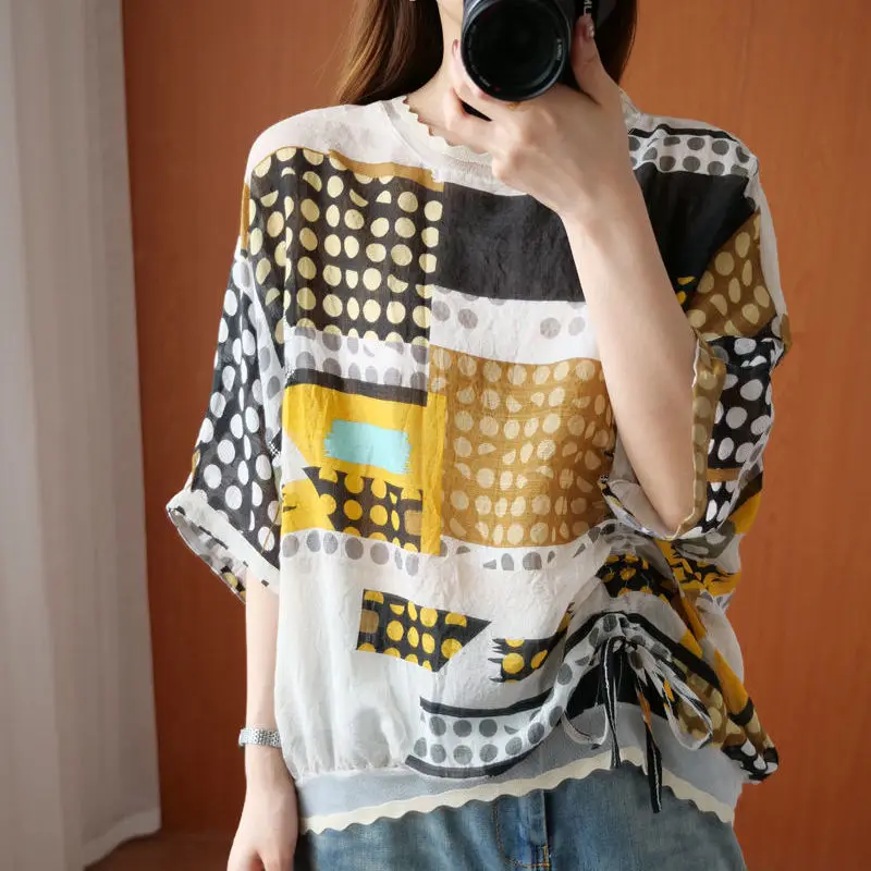 Street Fashion Polka Dot Color Spliced Blouse Woman 2023 Summer New Casual O-Neck Half Sleeve Loose Oversized Shirring Shirts