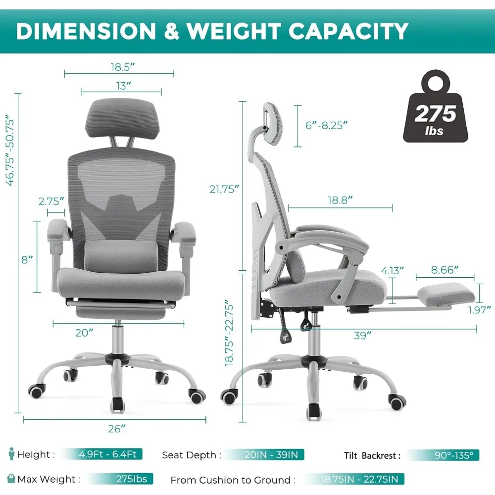Desk Chair with Footrest, High-Back Mesh Rolling Swivel Reclining Chairs with Wheels, Comfortable Headrest, Lumbar Support