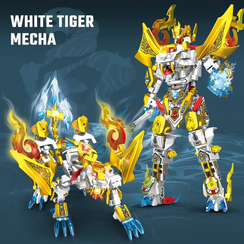 SEMBO 413pcs White Tiger Transforming Mecha Assemblage Building Blocks MOC Animal Combined Robot Mech Models Birthday Gifts Toy