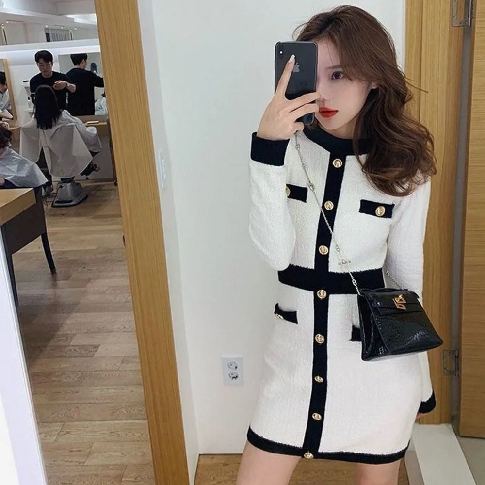 2022 Fashion Korean Style Knitted Dress Winter White Black Women Knit Bodycon Dress Elegant Long Sleeve Dress Knitwear For Women