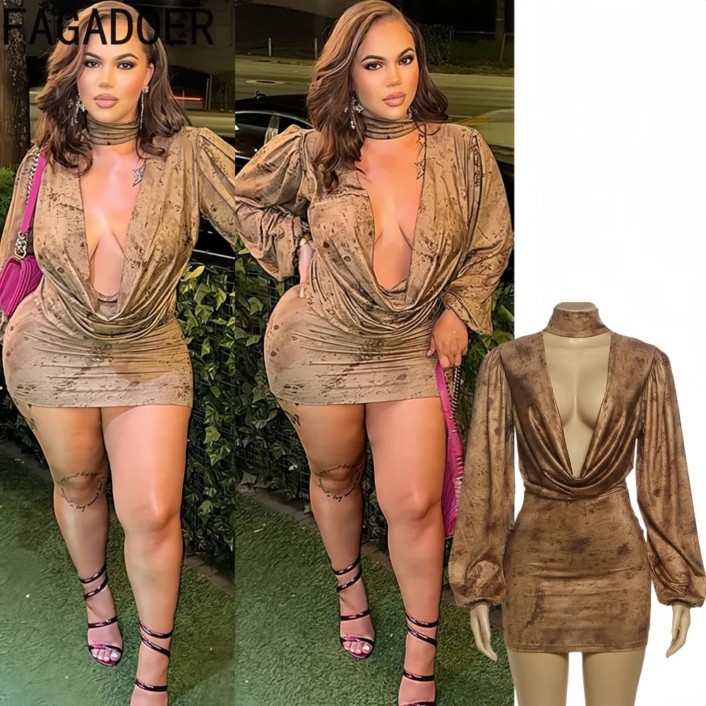 

FAGADOER Y2k Sexy Digital Printing Bodycon Dresses for Woman Deep V-neck Long Sleeve Dress Female Party Clubwear Vestidos 2025