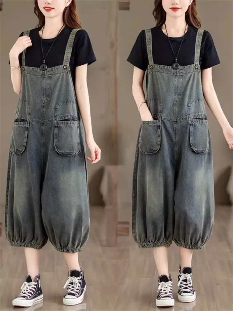 

Cowboy Seven Point Overalls For Women 2024 Summer Loose Fit Jumpsuit Wide Leg Lantern Pants Casual Denim Playsuit Jeans K2074