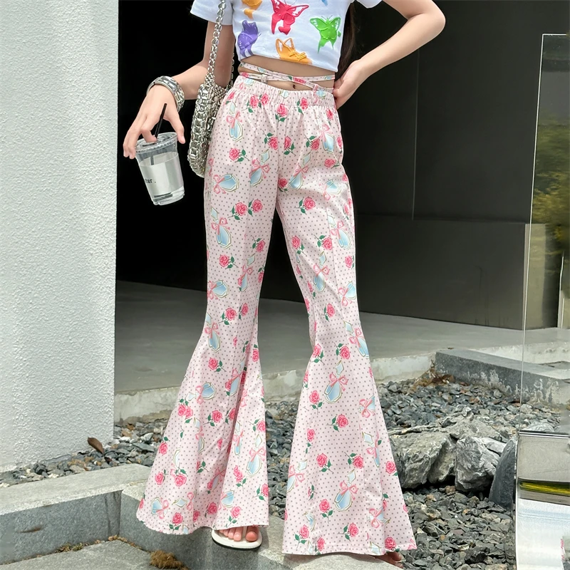 

Low Waist Rose Print Flare Pants for Teenager Girls Streetwear Print Slim Cotton Top Vintage Cross-strap Lenggings Kids Trousers