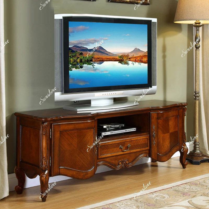 American country solid wood carving flower TV cabinet, bedroom, old retro, simple and modern