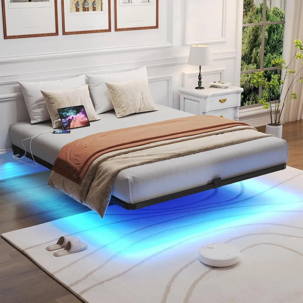 

Floating Bed Frame Queen Size with LED Lights and Charging Station - Modern Metal Platform Bed Frame with Mattress Gaskets - Noi