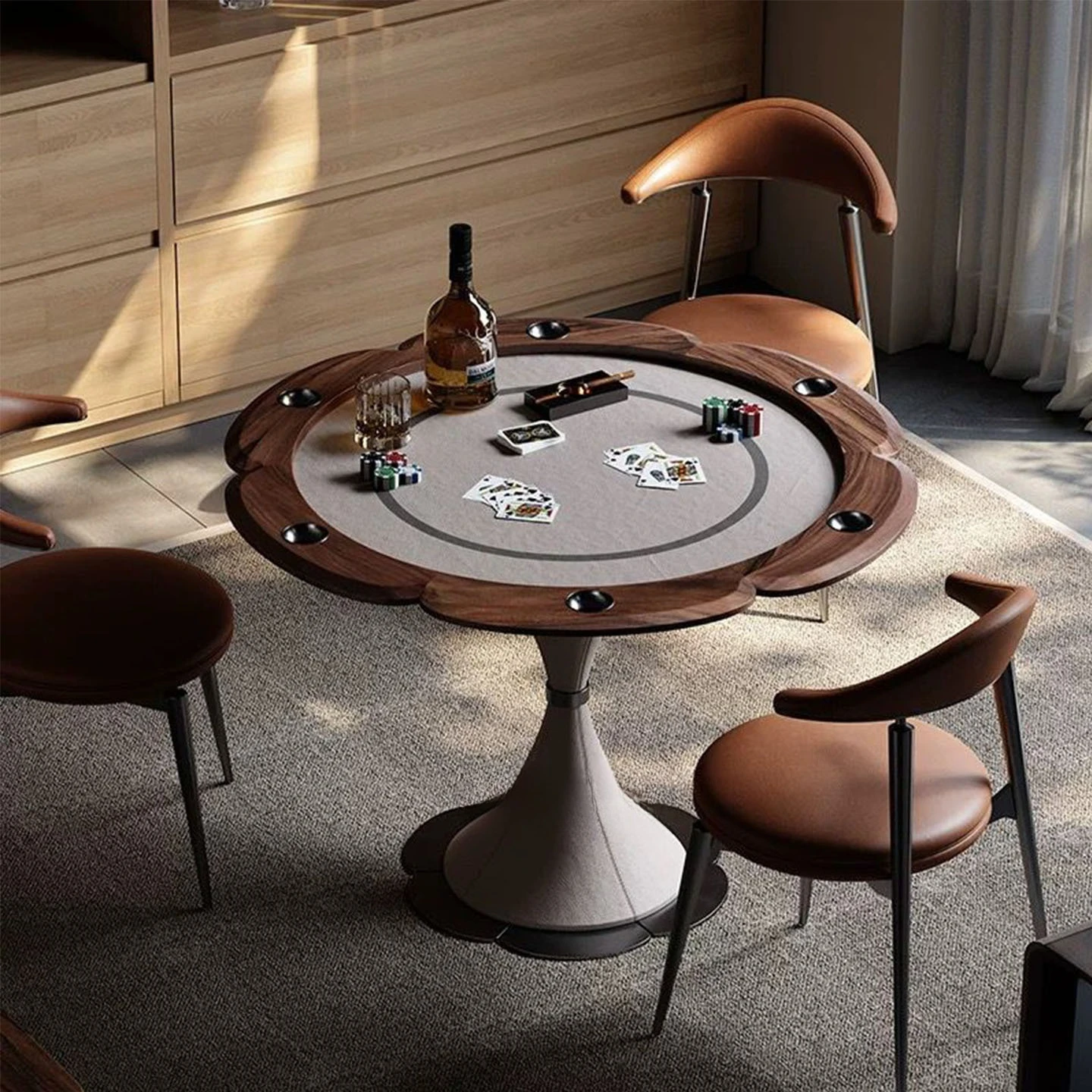 Italian light luxury entertainment table Luxury villa modern and simple Texas walnut chess and card round table