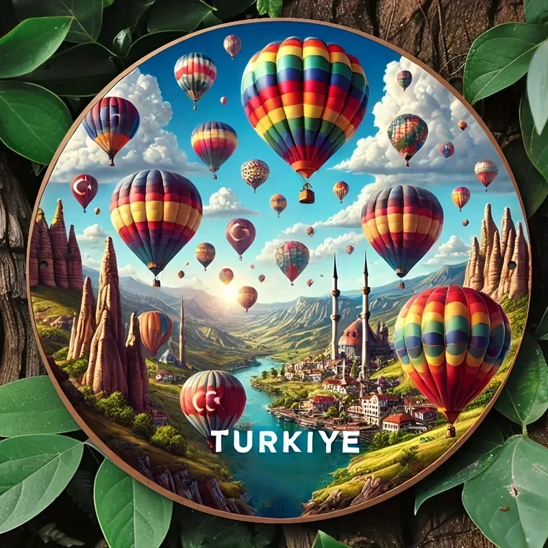 1pc 8 X 8 Inches 20 X 20cm Turkish Hot Air Balloon Metal Sign, Vintage Style Round Aluminum Wall Art Sign - for Bedroom, Kitchen