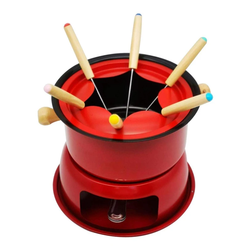 BEAU-Red Mini Stainless Steel Fondue Pot Set Cheese Chocolate Fondue 6 Dipping Forks And Removable Pot Melts Candy Sauce Dip