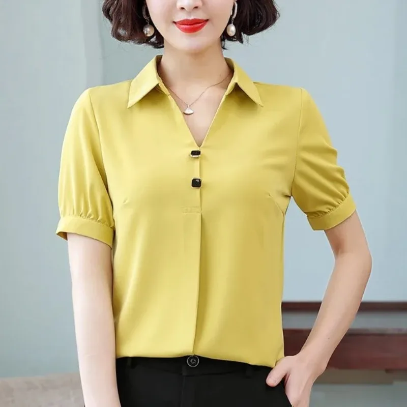 Women\'s Solid Color V-Neck Summer Pullover Button Turn-down Collar Short Sleeve T-shirt Loose Office Lady Flattering Tops