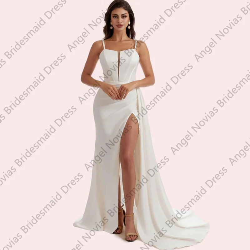

Long White Mermaid Bridesmaid Dresses with Side Skirt Customized Wedding Party Dresses Vestidos Casamento Madrinha