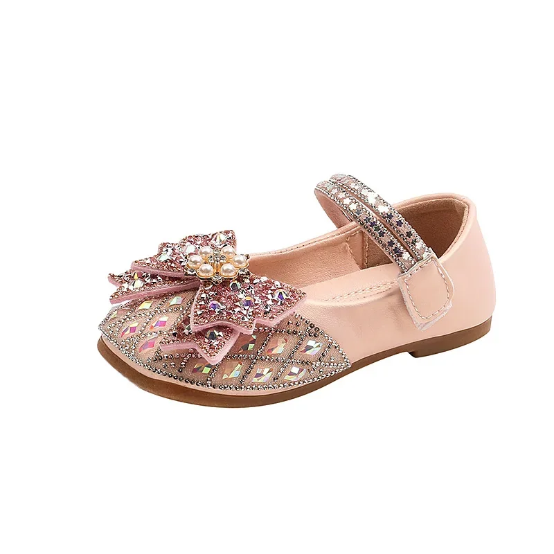 Spring Autumn Girl Princess Shoes Rhinestone Bowtie Kids Leather Shoe Fashion Causal Sequins Children Causal Wedding Flat Shoes