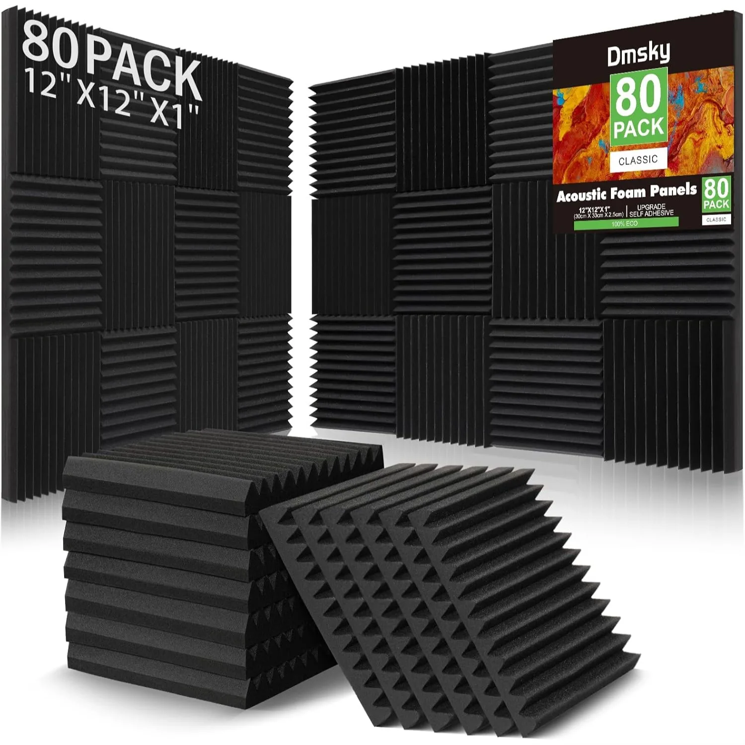

Acoustic Foam Panels 80 Pack, 1"x12"x12" Sound Proof Wedges for Studio Recording, Office & Home - High Density Sound Absorbing