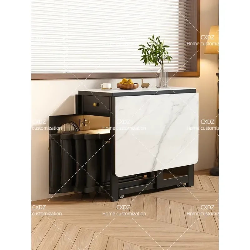 French Retro Solid Wood Rock Slab Folding Dining Table Small Apartment Movable Multi Functional Household Furniture
