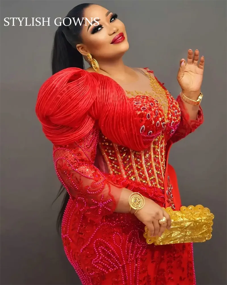 Vermelho mangas compridas sereia vestidos de noite preto meninas cristais frisado aso ebi africano recepção casamento vestidos festa personalizado