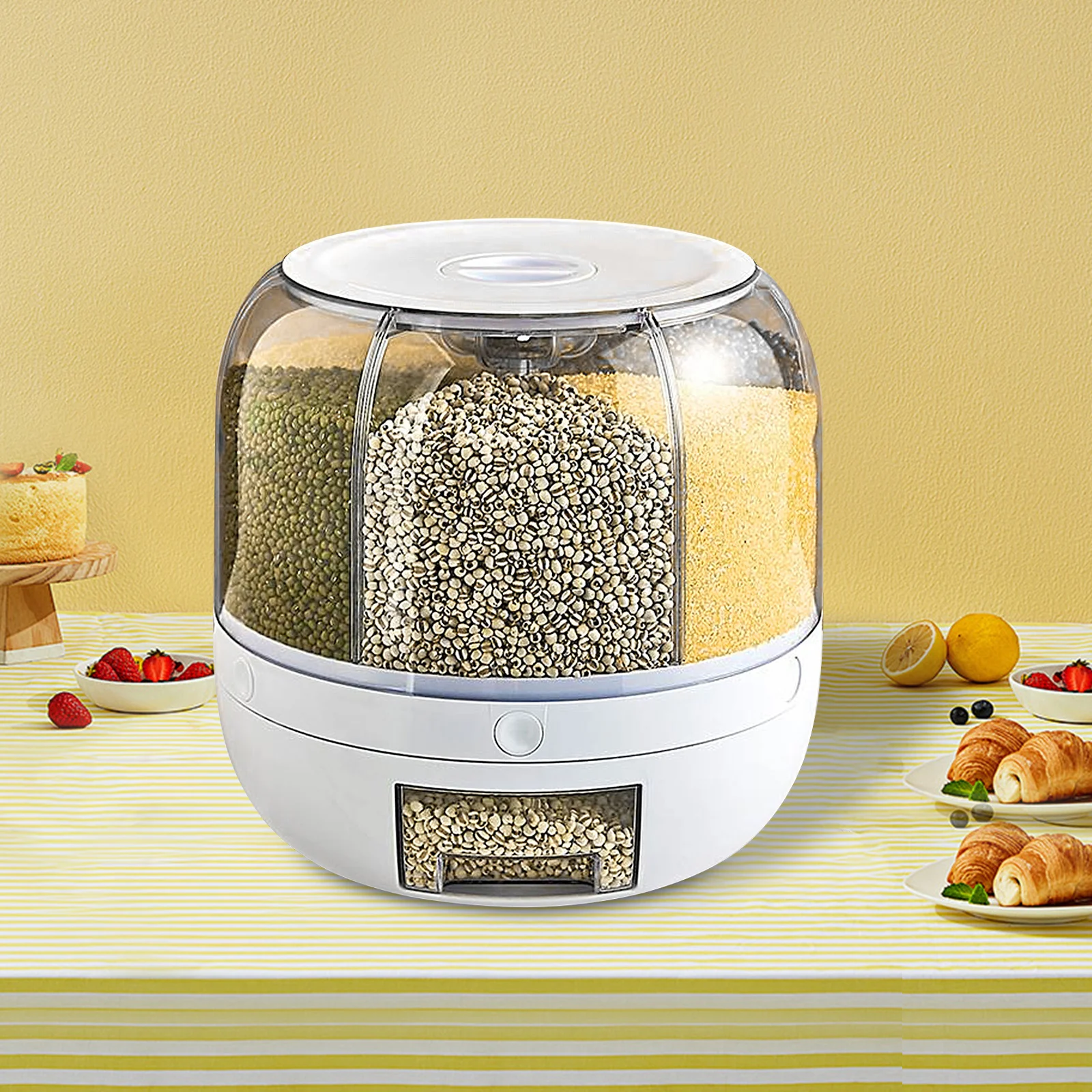 Grain Dispenser, 6 Grid Rotating Rice Dispenser Storage Container, Dry Food Dispenser with Measuring Cup, Kitchen Organization 10 kg