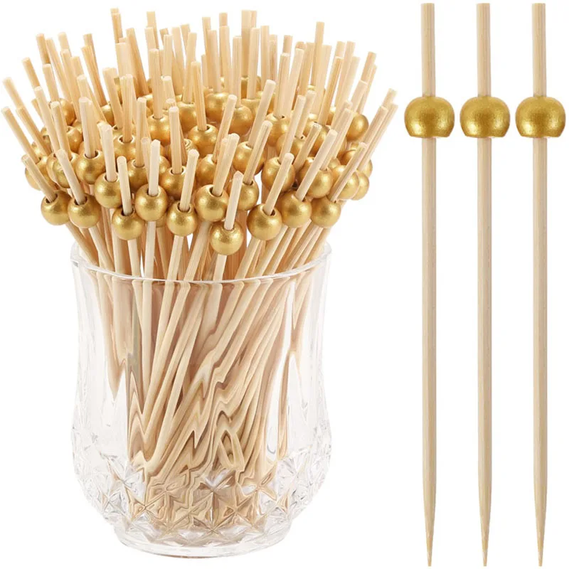 Brochettes de bambou jetables, 100 pièces, pics à Cocktail en bois avec perles dorées, fourchettes à collation, pics à fruits pour apéritif, fournitures pour fête de mariage