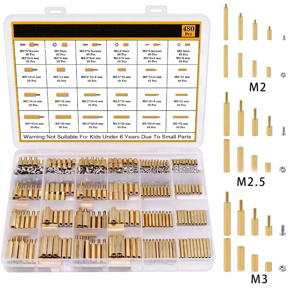 480Pcs Boxed Brass Hex Standoff Kit M2 M2.5 M3 Male Female Copper Pillar Screw Nut for Laptop PCB Board DIY Electronic Project