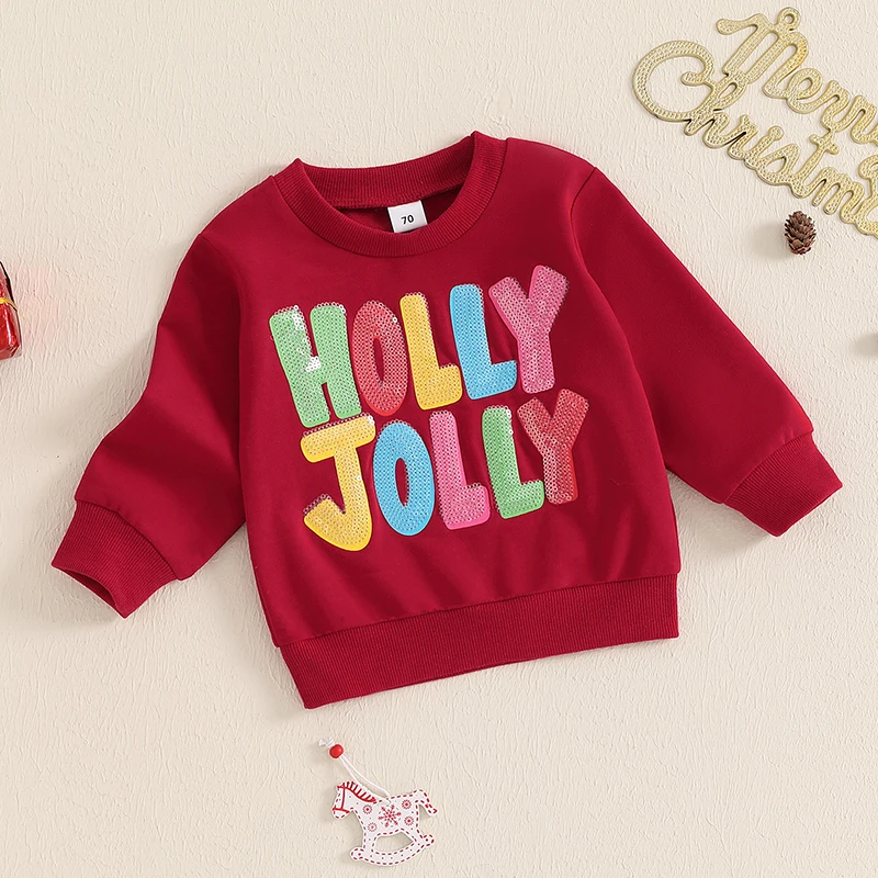 Little Boys Christmas Casual Sweatshirts Long Sleeve O Neck Sequins Letter Embroidery Pullover