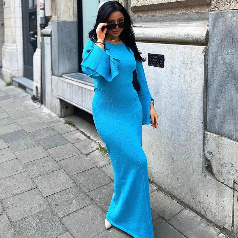 Talenza Knit Vintage Dress Fashion Slit Slim Knit Long Sleeve Maxi Dress High Street Commuter Women's New Knit Dresses Vestidos