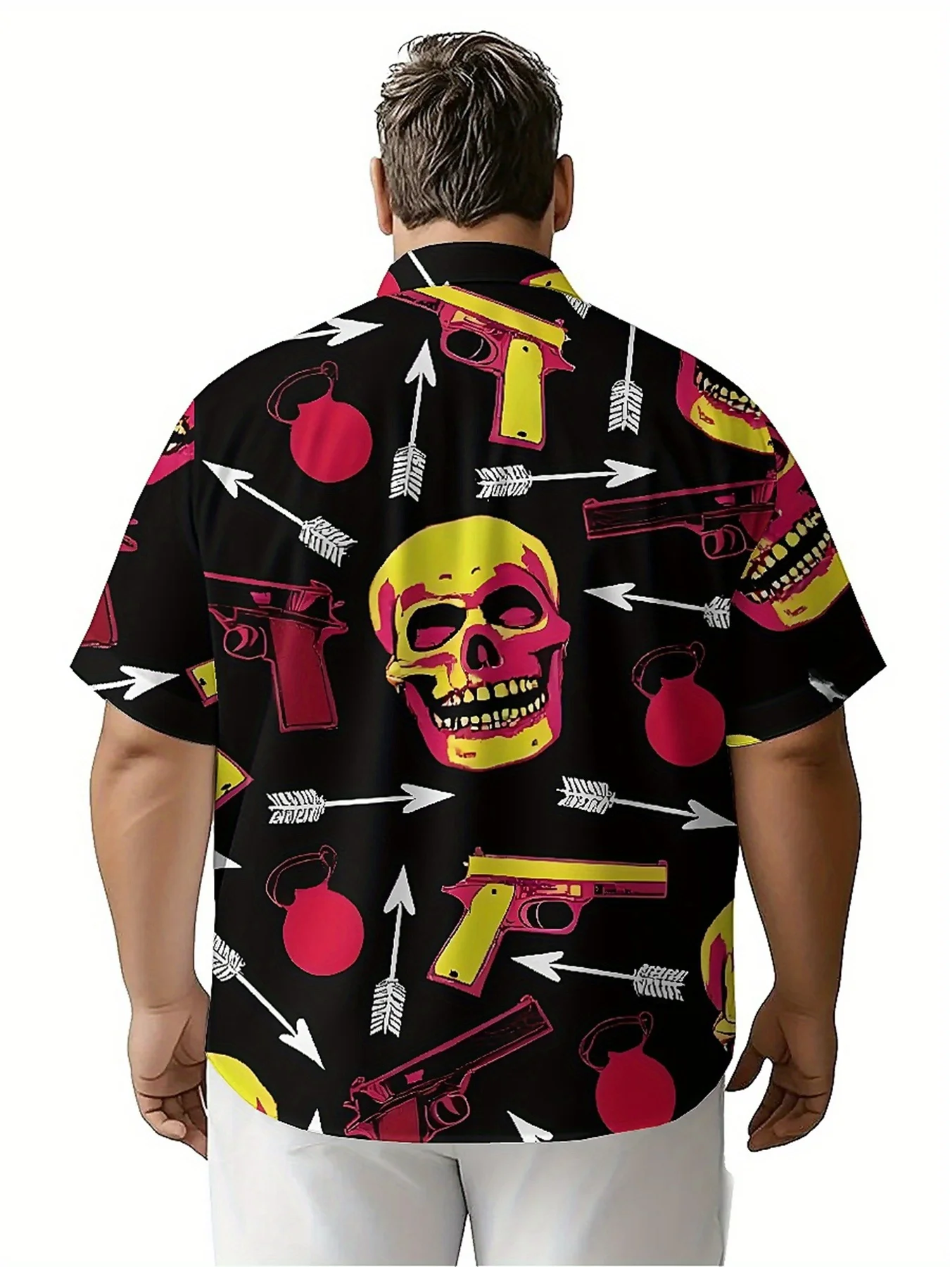 قمصان هاواي مقاس كبير للرجال _ نمط جمجمة وأسلحة، قمصان بأزرار، ملابس كاجوال للجنسين، قمصان صيفية