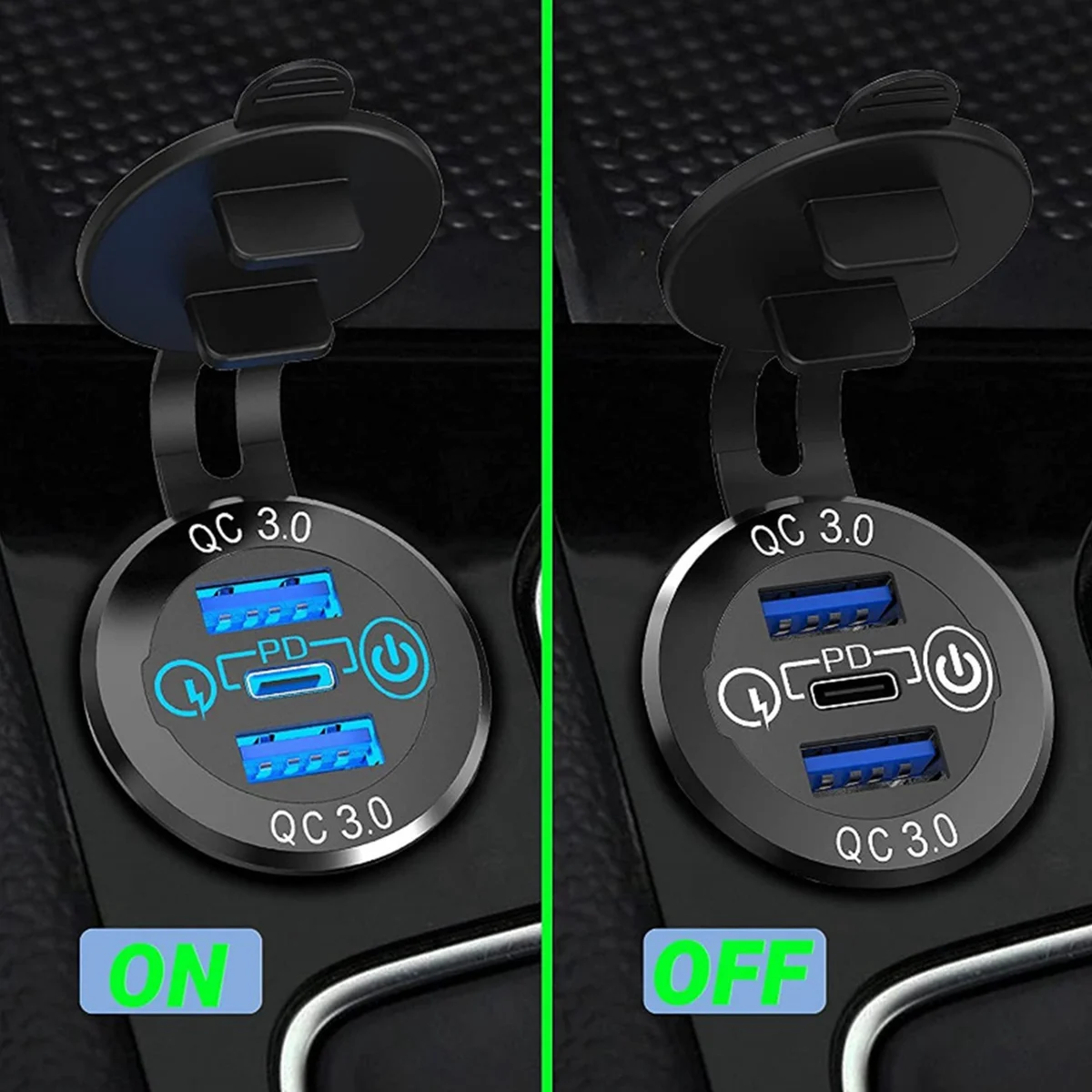 Quick Charge Socket 60W USB-C Multiple Car Charger Socket PD 3.0 & Two QC3.0 Ports with Touch Switch Fast Car Adapter