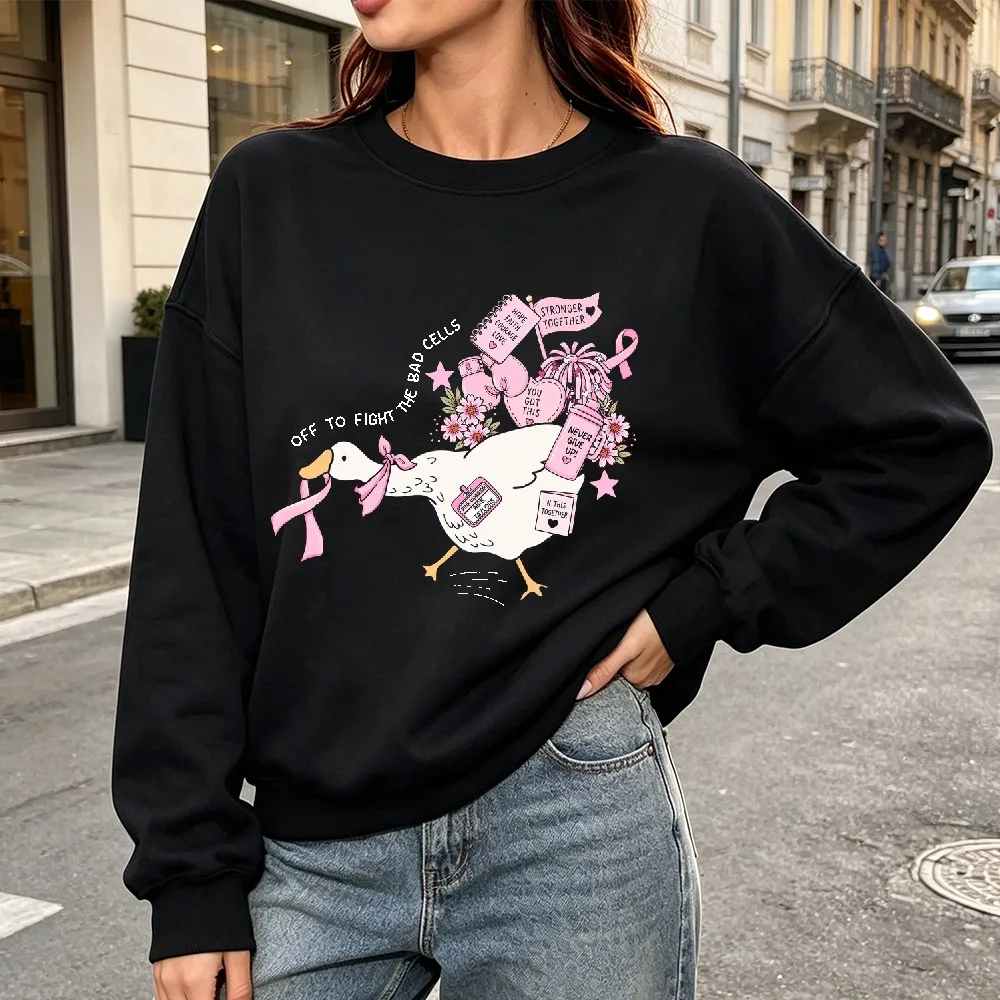 Off To Fight The Bad Cells Goose Cartoon Print Women Sweatshirt Breast Cancer Support Theme Casual Long Sleeve Fashion Blouse