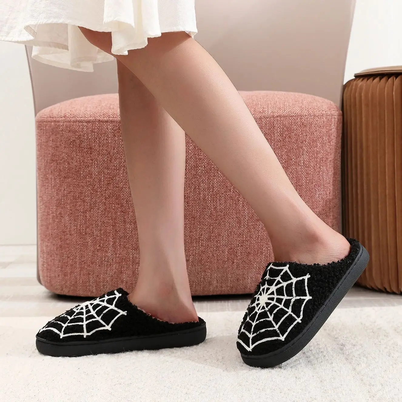 Halloween Spider Web Pattern Horror Pubon Atmosphere fashion Embroidery stuffed Home Thick-soled Cozy Furry Cotton Slippers Personality Warm