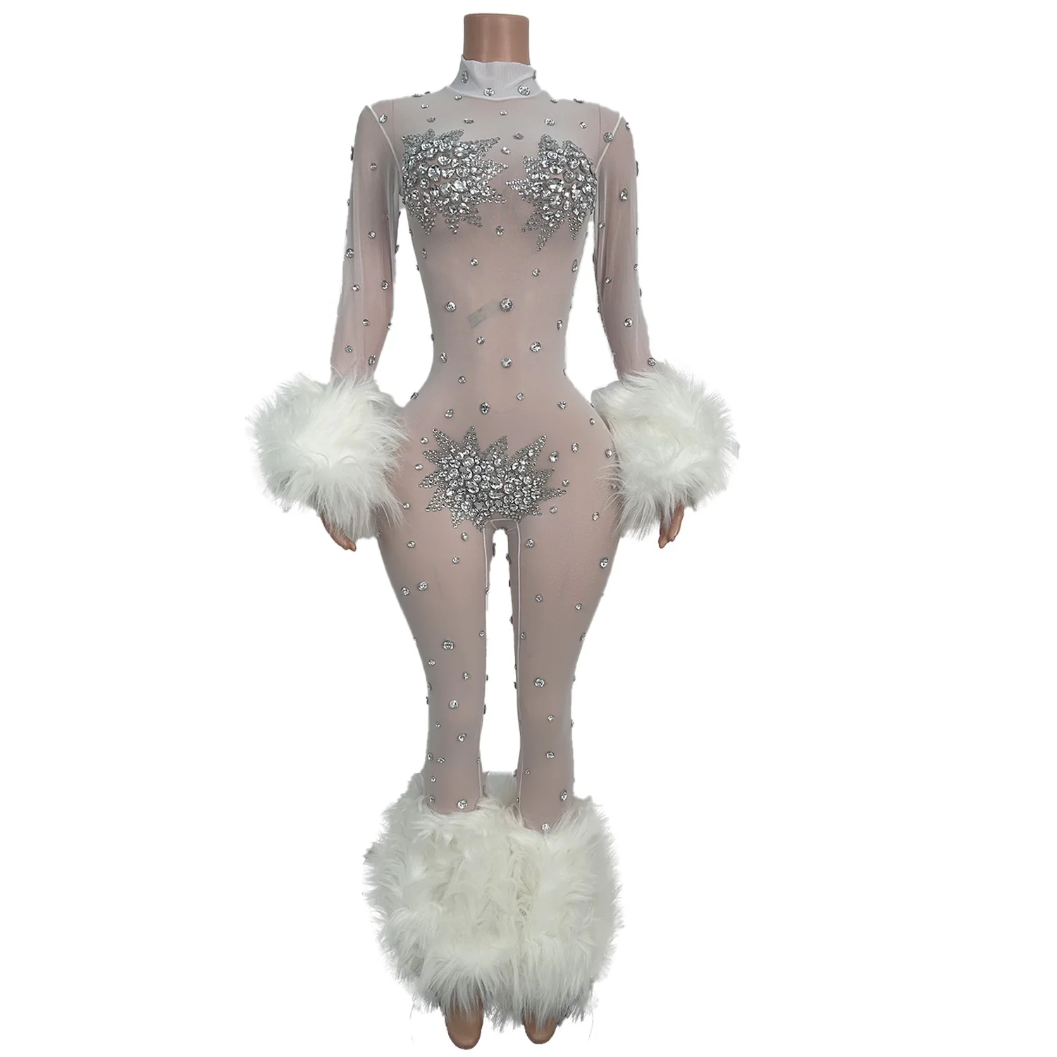 Luksusowe Przezroczyste Kombinezony Bodycon z Cyrkoniami i Cekinami na Imprezę Klubową, Elastyczne Jednoczęściowe Kombinezony Damskie, Rompery, Strój Taneczny