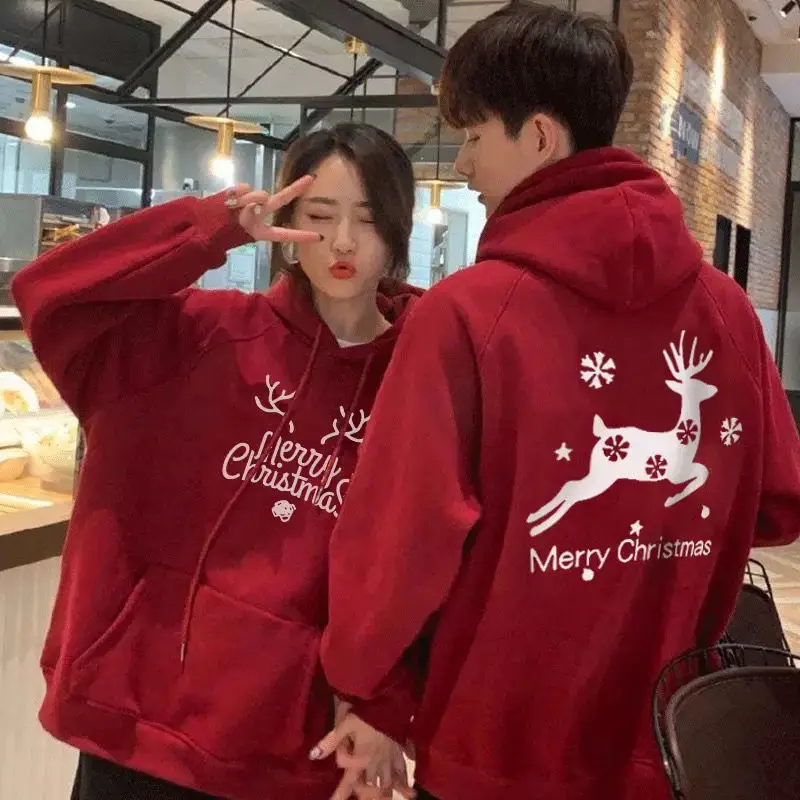 

Fall Winter Christmas Moose Men Long Sleeve Hooded Sweatshirt Loose New Year Cartoons Fashion All-match Couple Clothes Red Black