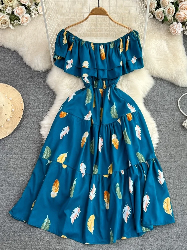 ジェントルブリーズ ワンショルダー 肩露出ヘムライン 痩身 Aライン プリント ドレス ビーチ バケーション マキシスカート 韓国風 半袖