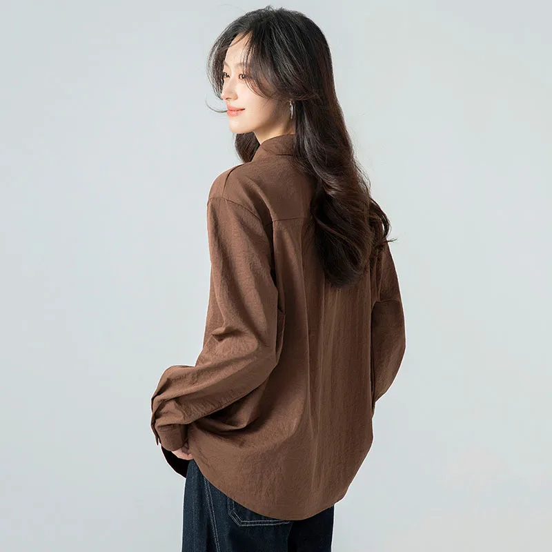 Otoño Vintage marrón gasa blusas mujeres Casual Color sólido camisa de manga larga mujer coreana suelta Simple Oficina camisas blancas