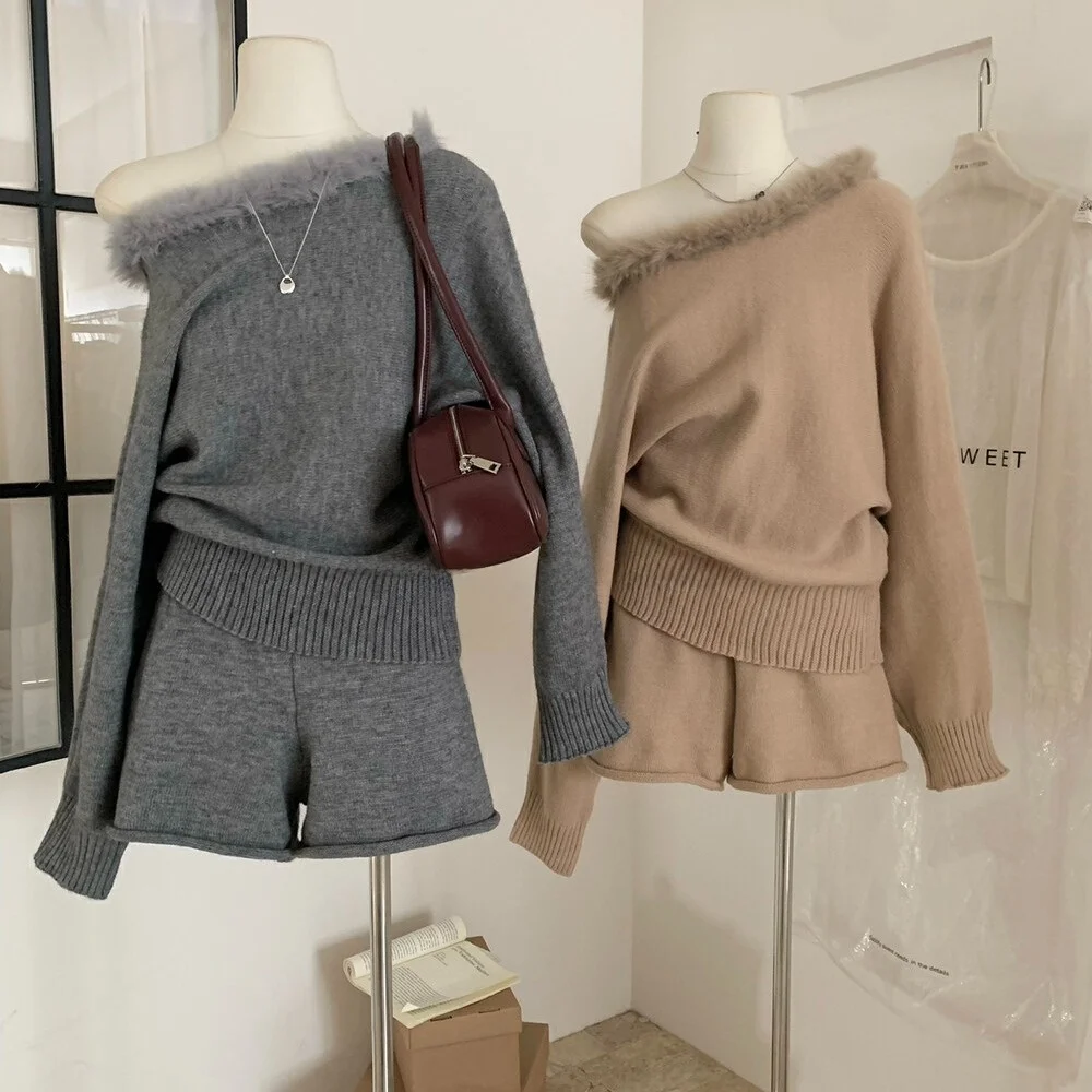 Autunno Inverno Donna Lazy Sle Slim Fit Maglione oulder Bared Top lavorato a maglia con pantaloni ortodontici a vita alta Set da due pezzi