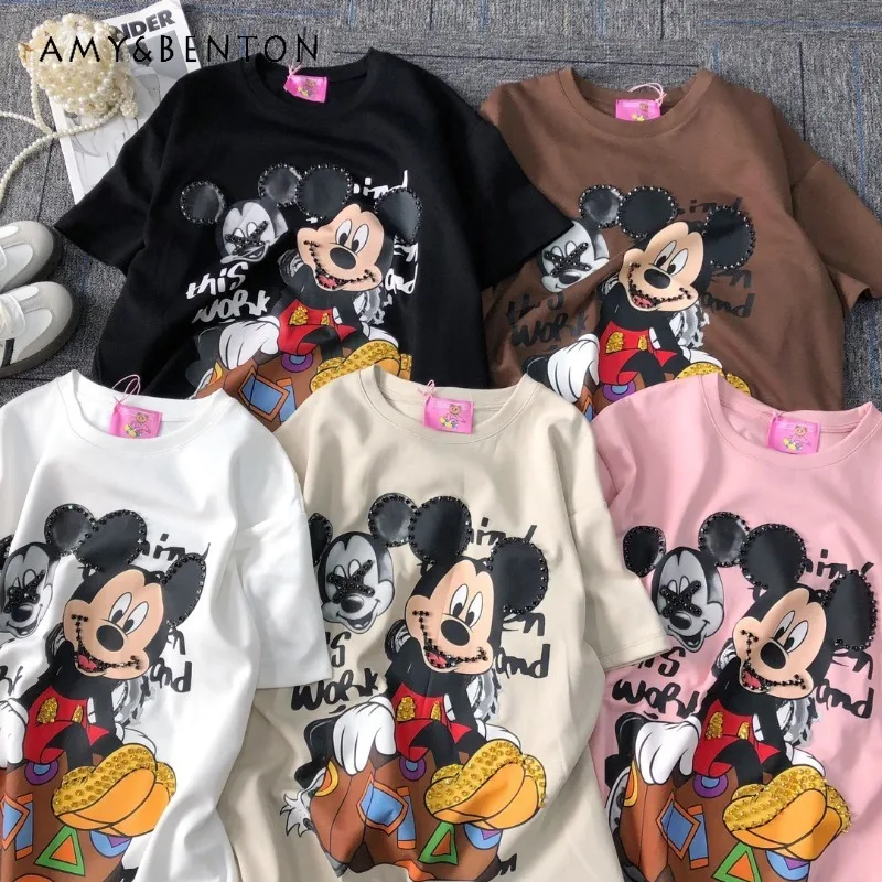 2025 New Sweet And Cool Casual Cartoon Y2k Tshirt Diamond-encrusted Printing Round Neck Pullover Loose Short-sleeved Top T-shirt