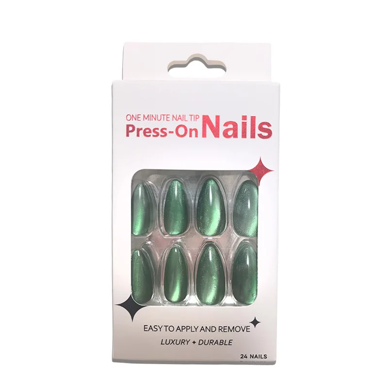 

Пресс ручной работы на ногтях в форме миндаля, полный набор из 24 предметов для мгновенного дизайна ногтей - Изумрудно-зеленый кошачий глаз