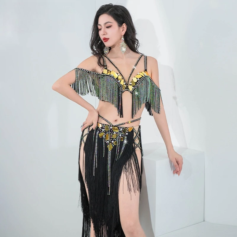 2025 Oriental Dance Costume Set | Belly Dance Fringe Outfit with Hotfix Rhinestones, Ethnic Performance Wear for Stage Shows