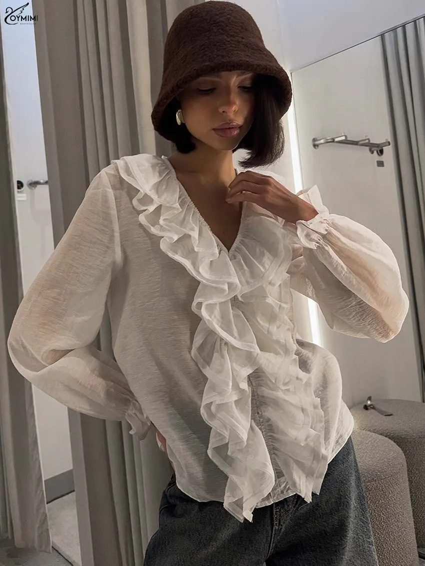 Oymimi Fashion White V-Neck Womens Blouses Elegant Ruffled Long Sleeve Translucent Blouses Autumn New Loose Solid Blouse Female