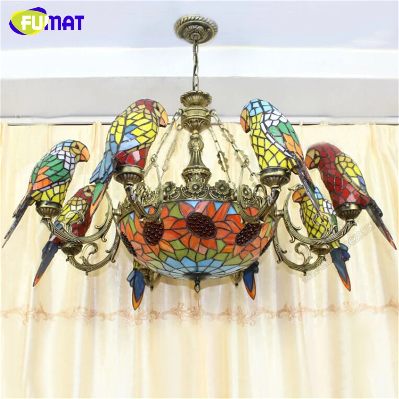 

FUMAT Parrot Shape Chandelier European Vintage Artistic Stained Glass Birds Light Bar Living Room Hanging Lamp Led Chandeliers